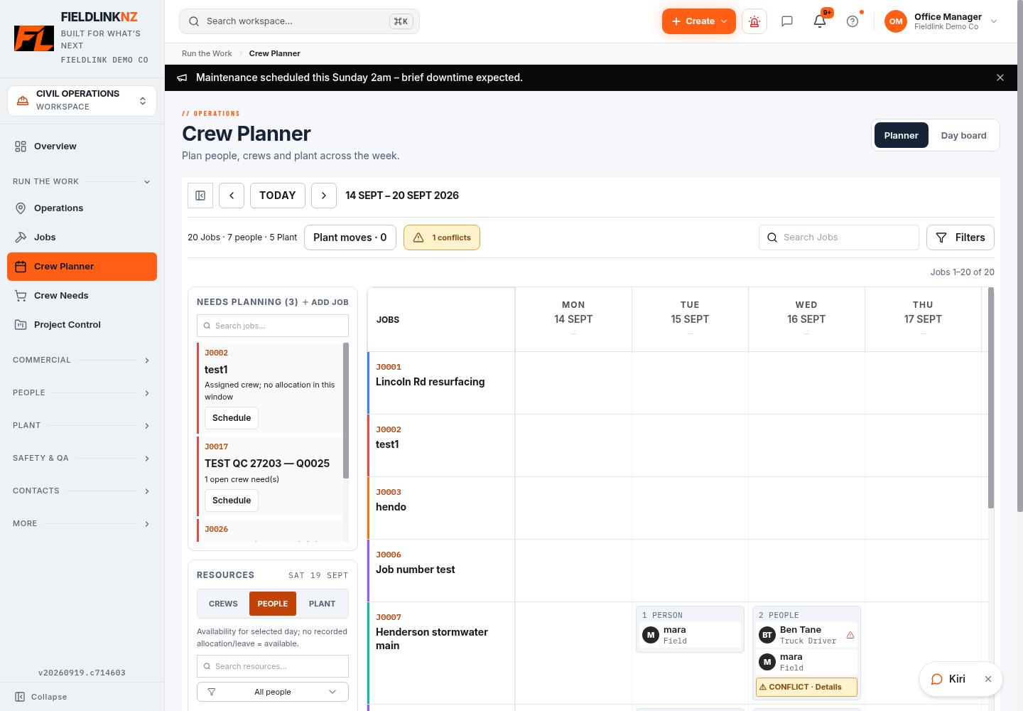 Fieldlink Crew Planner with jobs by day, people and plant resources, and a visible allocation conflict