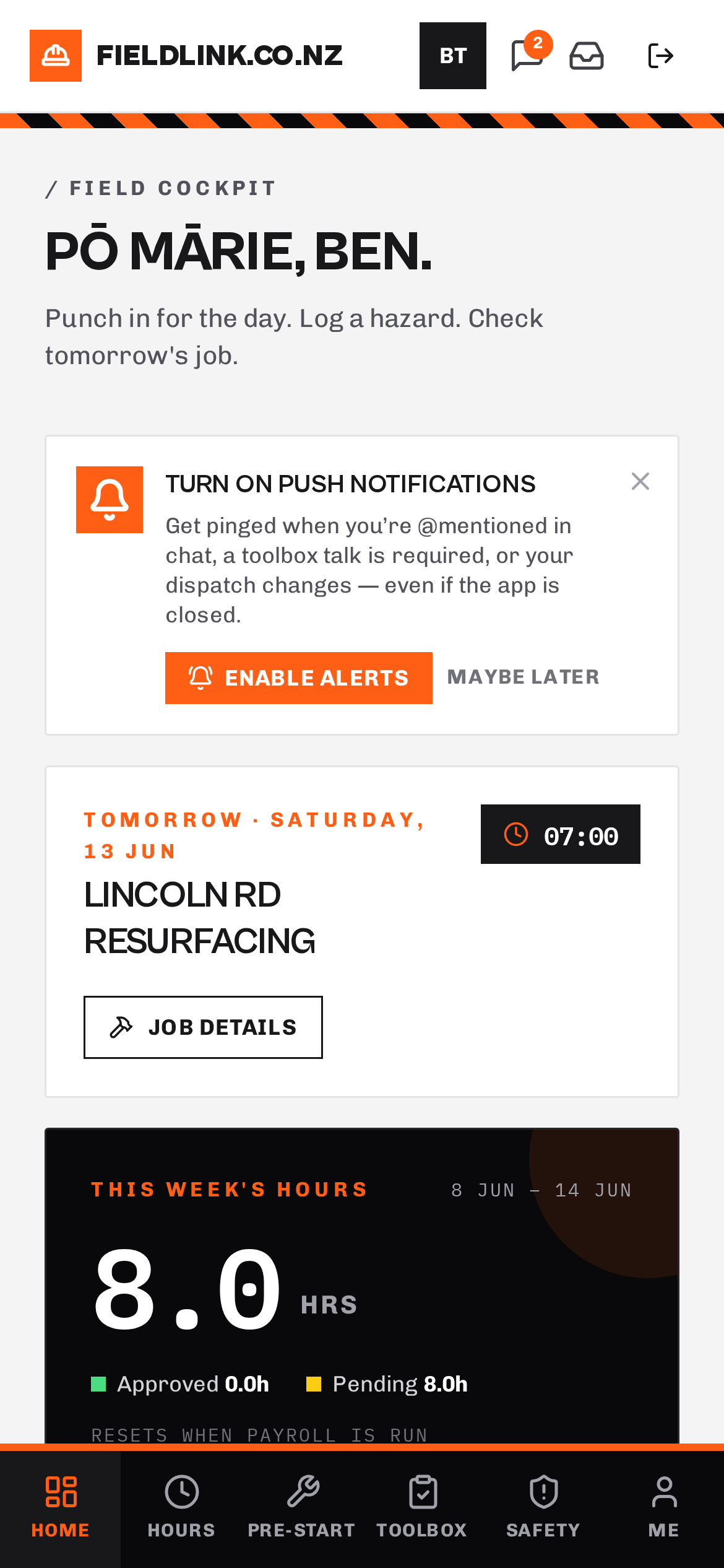Fieldlink field worker mobile PWA — home screen