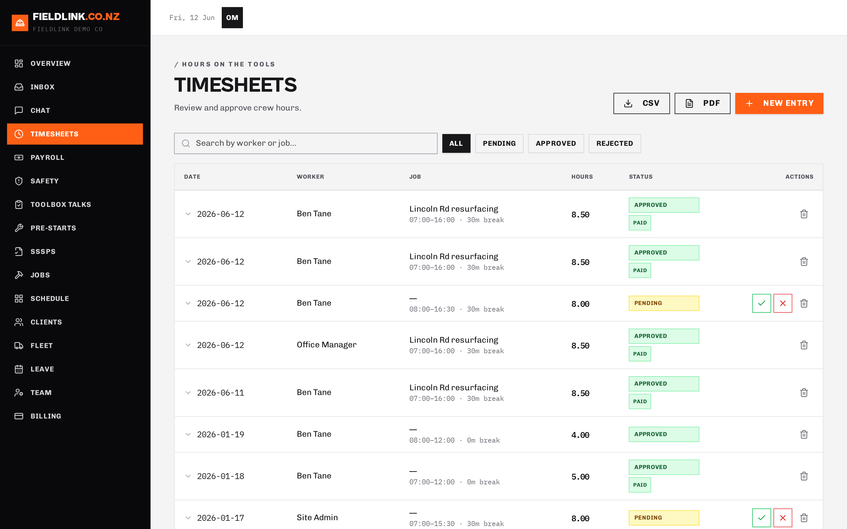 Live search, batch approve, CSV + PDF export
